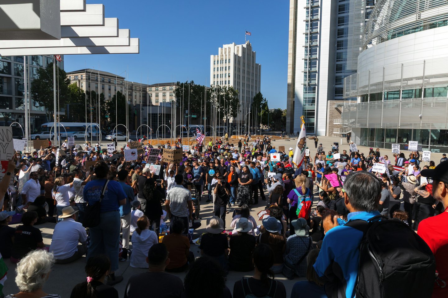 Manifestanti con cartelli si radunano in una piazza cittadina affollata.